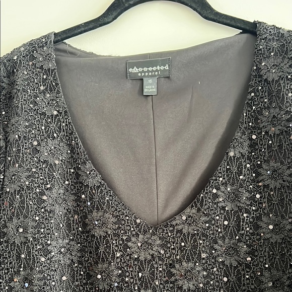 Connected Apparel Black Sequin Dress with Flared Sheer Sleeves Size 16 - Picture 4 of 16